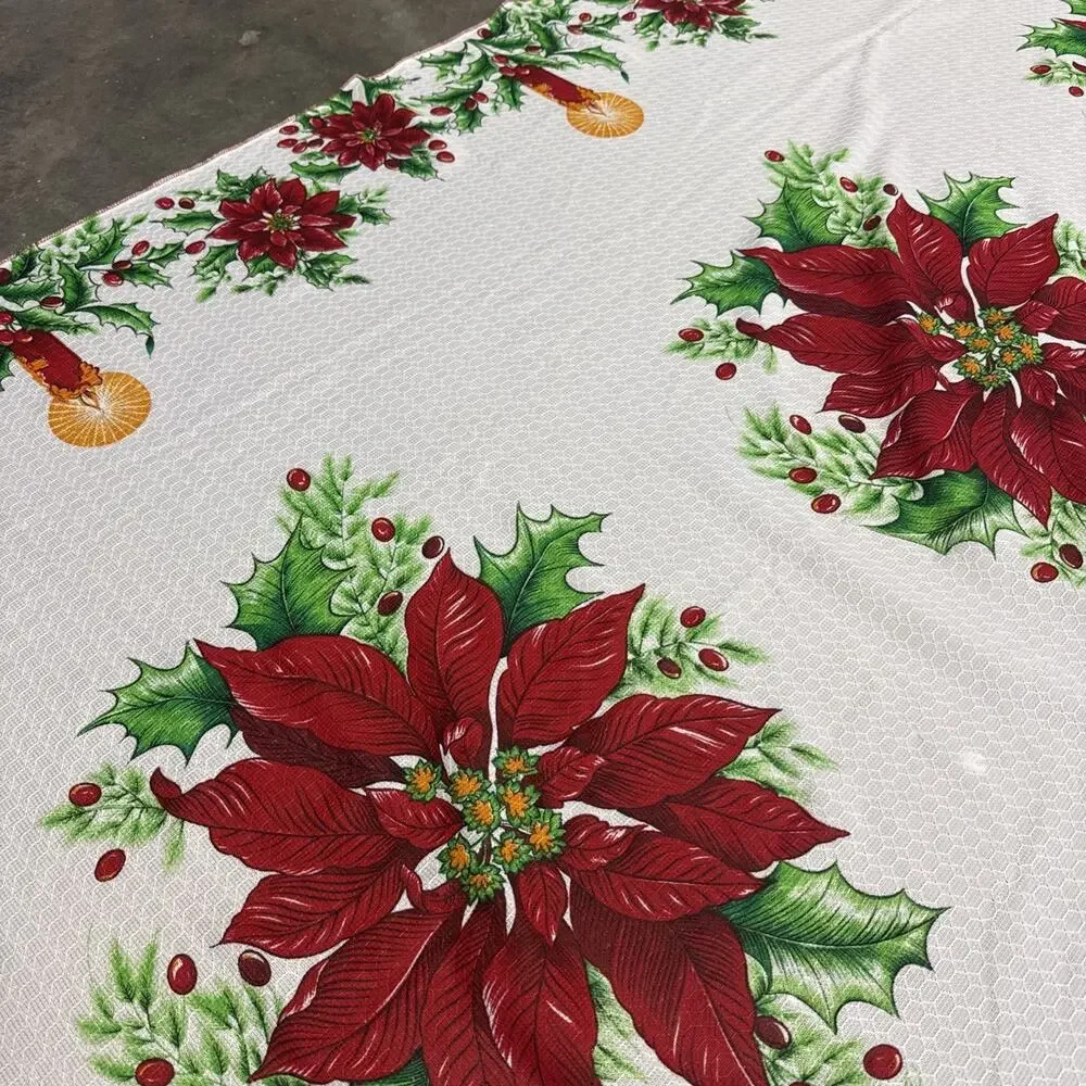 Vintage 80s Christmas Tablecloth Oval Oblong Poinsettia Candles Large